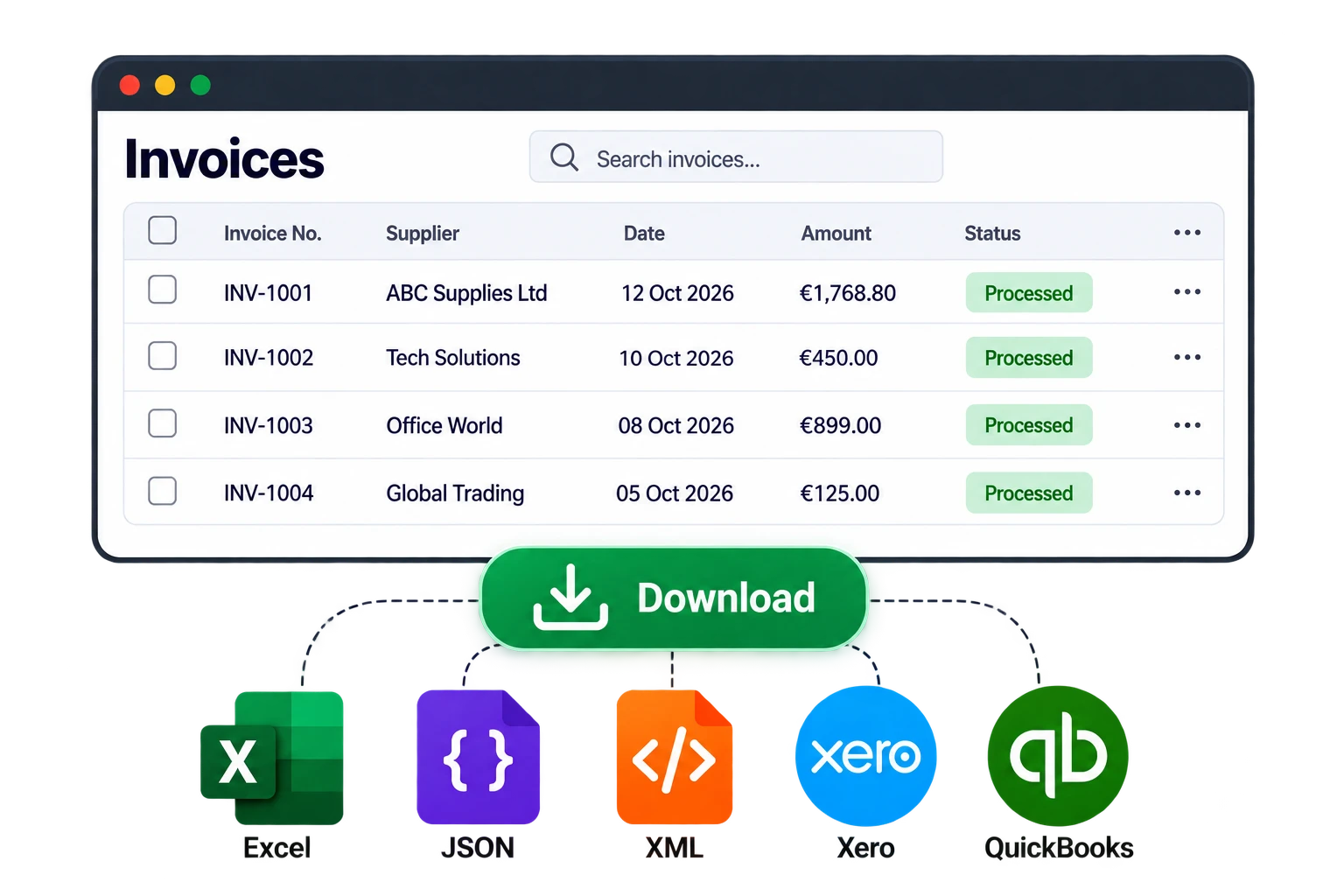 Invoice list with a Download button, exporting to Excel, JSON, XML and accounting software formats